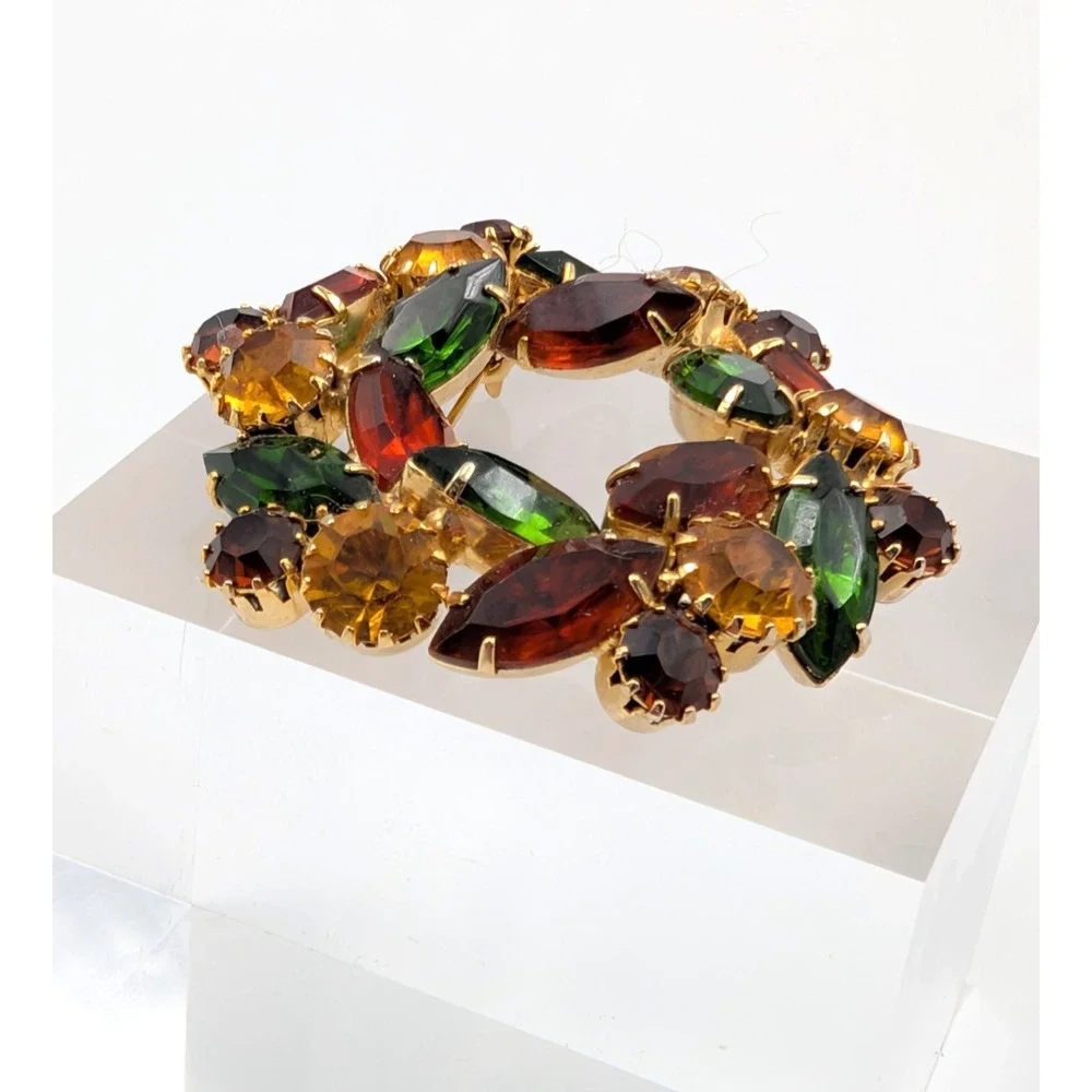 Vintage Marquise Rhinestone Wreath Brooch Gold Tone‎ 3D Fall Autumn